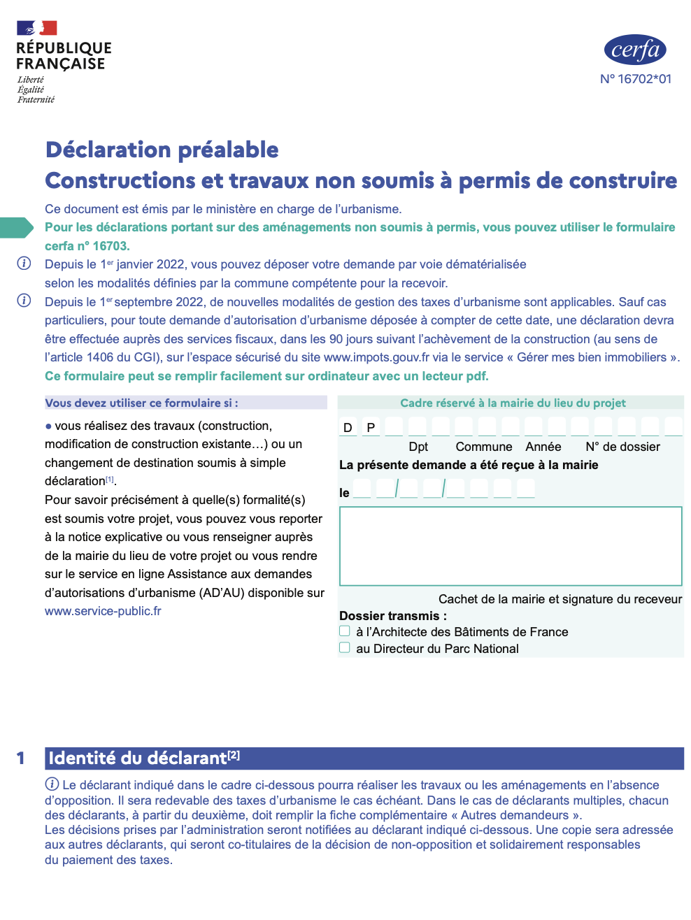 Cerfa 16702 de déclaration préalable de travaux