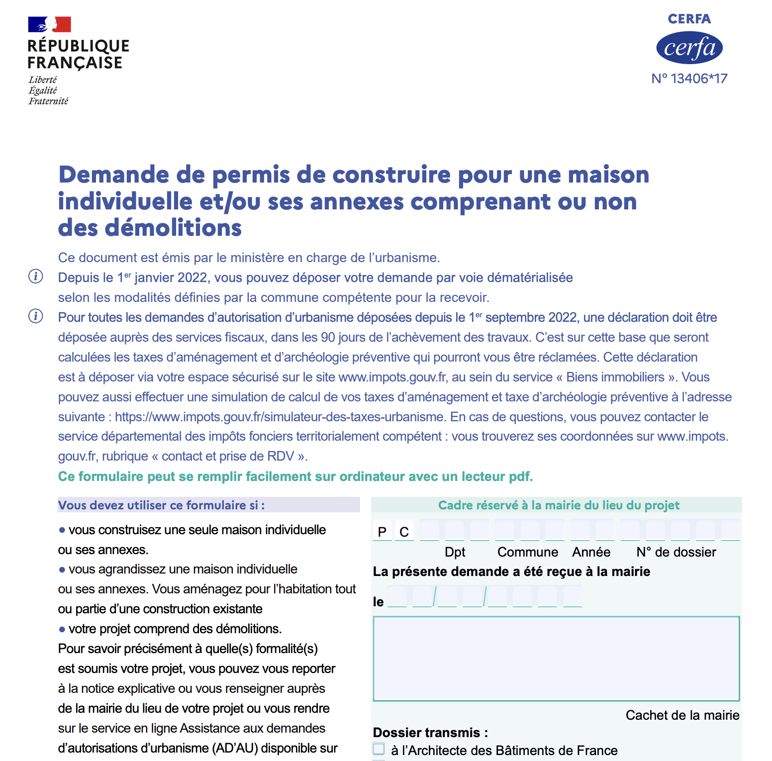 Cerfa 13406 de demande de permis de construire